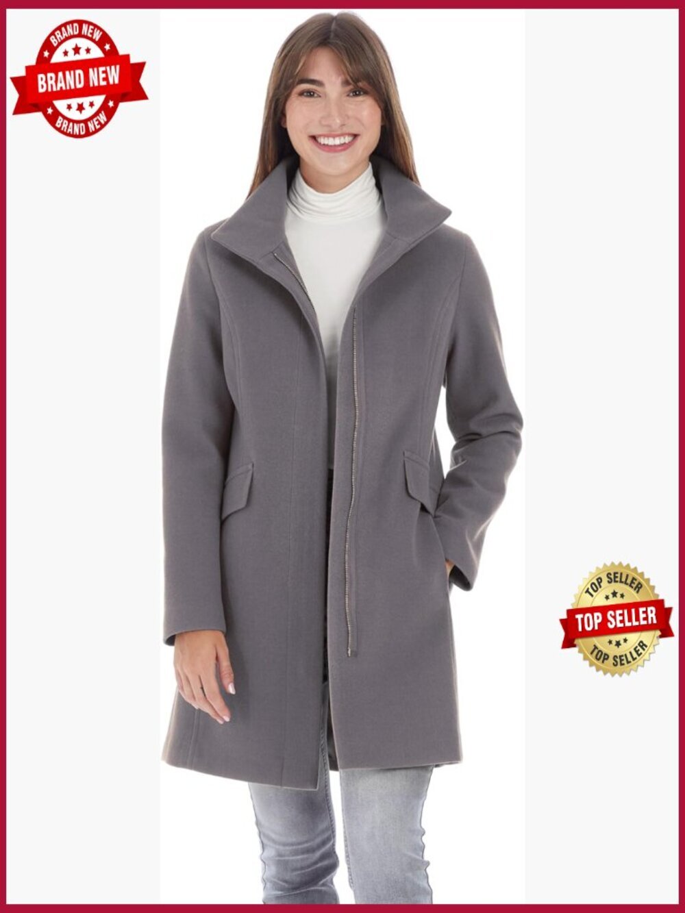 Mid-Length Faux Wool Coat with Stand Collar & Zip Closure